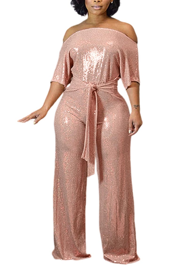 LKOUS Women's Off Shoulder Sequin Jumpsuit Sparkly Short Sleeve High Waisted Wide Leg Romper Beach Vacation Outfits - Image 2